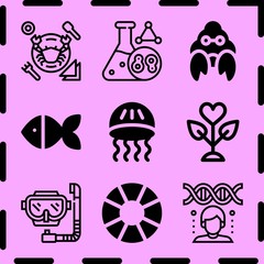 Simple 9 icon set of life related dna, cell division, crab and jellyfish vector icons. Collection Illustration
