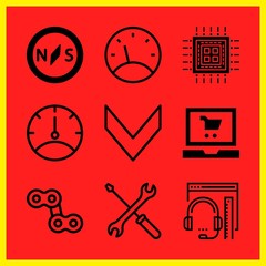 Simple 9 icon set of internet related speedometer, speedometer, online shopping and cpu vector icons. Collection Illustration