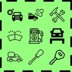 Simple 9 icon set of service related truck outline, car repair, gas station and car with cogwheels vector icons. Collection Illustration