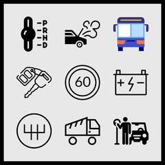 Simple 9 icon set of car related speed limit, parking, bus and breakdown vector icons. Collection Illustration