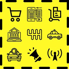 Simple 9 icon set of online related ebook, cab, cart and trolley vector icons. Collection Illustration