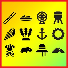 Seaweed, closed grill and holiday sun related icons set