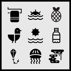 Simple 9 set of Summer related swamp, soda, pineapple with leeves and sun vector icons
