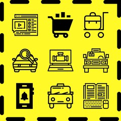 Simple 9 icon set of online related online course, computer, website and trolley vector icons. Collection Illustration