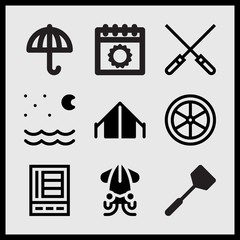 Simple 9 set of Summer related refrigerator, skewers, squid and frying tool vector icons