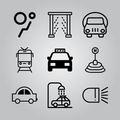 Simple 9 icon set of transport related car wash, airbag, small car and train vector icons. Collection Illustration