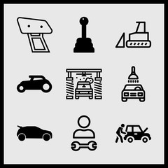 Simple 9 icon set of car related car side view black shape, car wash, wide rear wheel car and mechanic vector icons. Collection Illustration
