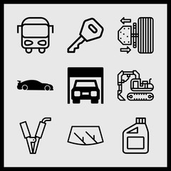 Simple 9 icon set of car related racing car with side skirts, windshield, excavator and car oil vector icons. Collection Illustration