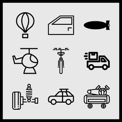 Simple 9 icon set of car related car, missile, car door and wheel vector icons. Collection Illustration