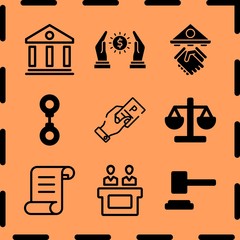 Simple 9 icon set of legal related mallet, legal paper, courthouse and jury vector icons. Collection Illustration