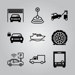 Simple 9 icon set of transport related car and padlock, parking, car inside a garage and boat outline vector icons. Collection Illustration