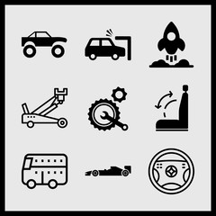 Simple 9 icon set of car related mechanic, repair mechanism, suv and car of formula vector icons. Collection Illustration