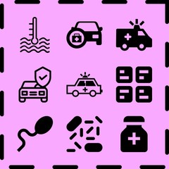 Simple 9 icon set of medicine related medicine, virus, car with medicine and ambulance vector icons. Collection Illustration