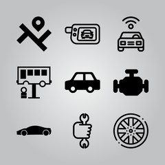 Simple 9 icon set of electronics related engine, normal car, alloy wheel and car vector icons. Collection Illustration