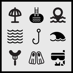 Simple 9 set of Summer related wave, sea, hook and beach umbrella vector icons