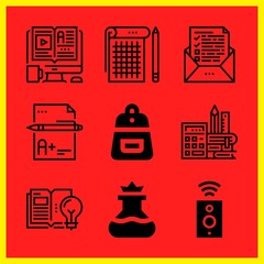 Simple 9 icon set of edication related test, open book, flask and notebook vector icons. Collection Illustration