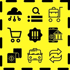 Simple 9 icon set of online related trolley, cloud computing, online banking and cab vector icons. Collection Illustration