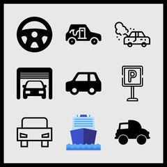 Simple 9 icon set of car related car in garage, car side view, boat and parking vector icons. Collection Illustration