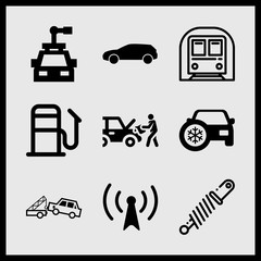 Simple 9 icon set of car related fuel, car crane, helicopter profile and shock absorber vector icons. Collection Illustration