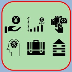 Simple 6 icon set of business related head, bar chart, get money and briefcase vector icons. Collection Illustration