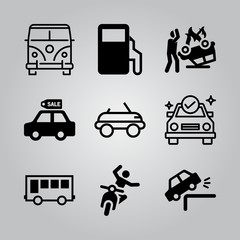 Simple 9 icon set of transport related sale car, car falling, car and public bus vector icons. Collection Illustration