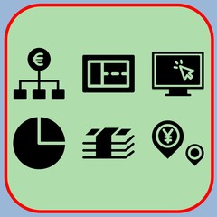 Simple 6 icon set of business related blueprint, money, euro and pin vector icons. Collection Illustration