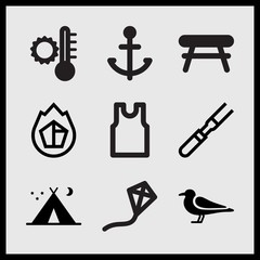 Simple 9 set of Summer related charcoal, tent night, sleveeless shirt and flying kite vector icons