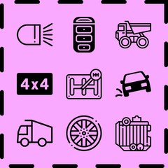 Simple 9 icon set of car related tipper, car accident, car lights and car key vector icons. Collection Illustration