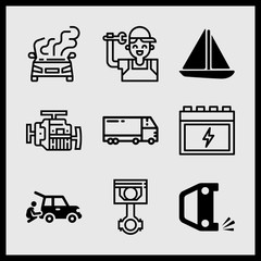 Simple 9 icon set of car related motor, breakdown, car and truck vector icons. Collection Illustration