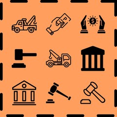 Simple 9 icon set of legal related tow truck, courthouse, loan and parking ticket vector icons. Collection Illustration