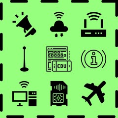 Simple 9 icon set of network related information, sim card, marketing and cloud vector icons. Collection Illustration