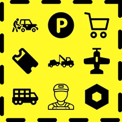 Simple 9 icon set of business related car repair, mechanic, parkig and ticket vector icons. Collection Illustration