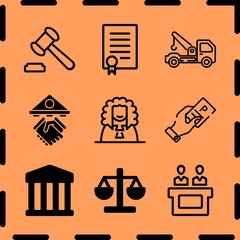 Simple 9 icon set of legal related loan, judge, auction and courthouse vector icons. Collection Illustration