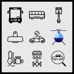 Simple 9 icon set of car related car, searching for car, helicopter and bus front view vector icons. Collection Illustration