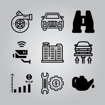 Simple 9 icon set of electronics related car, oil, turbo and autolift vector icons. Collection Illustration