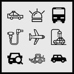 Simple 9 icon set of car related siren, bus vehicle, airplane and automobile vector icons. Collection Illustration