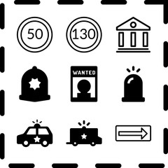 Simple 9 icon set of law related speed limit, police cap, police car and turn right vector icons. Collection Illustration