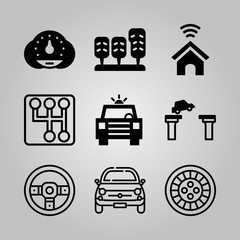Simple 9 icon set of electronics related smart home, car cut bridge, car and gearbox vector icons. Collection Illustration