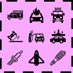 Simple 9 icon set of fire related welder, spark, burning car and shuttle vector icons. Collection Illustration