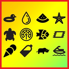 Watermelon, oil sun bottle and big turtle related icons set