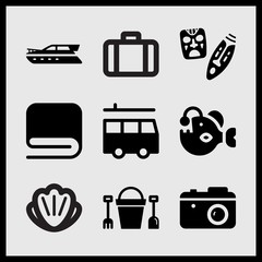 Simple 9 set of Summer related angler, sand bucket shovel and rake, yatch boat and small hand bag vector icons