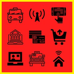 Simple 9 icon set of online related cab, helicopter profile, credit card and shopping cart vector icons. Collection Illustration