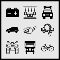 Simple 9 icon set of car related car, battery, car black silhouette side view and quad vector icons. Collection Illustration