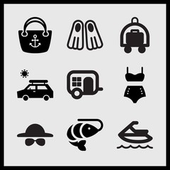 Simple 9 set of Summer related holiday trip, shrimp, diving fins and vintage bikini vector icons