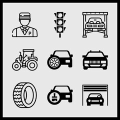 Simple 9 icon set of car related car front, tire, car with spare tire and car inside a garage vector icons. Collection Illustration