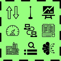 Simple 9 icon set of network related antenna, artificial intelligence, lan and presentation vector icons. Collection Illustration