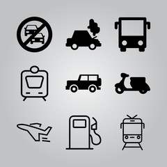 Simple 9 icon set of transport related bus front view, car breakdown, jeep and train vector icons. Collection Illustration