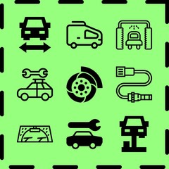 Simple 9 icon set of service related car repair, car wash, car repair and van vector icons. Collection Illustration