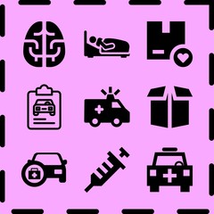 Simple 9 icon set of medicine related ambulance, syringe, box and emergency medical vehicle vector icons. Collection Illustration