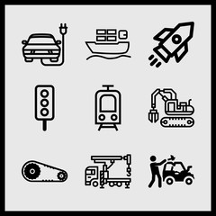 Simple 9 icon set of car related excavator, electric car, car repair and traffic light vector icons. Collection Illustration